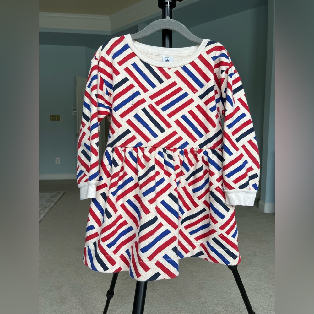 Petit Bateau girl tunic dress navy red, warm. French brand.